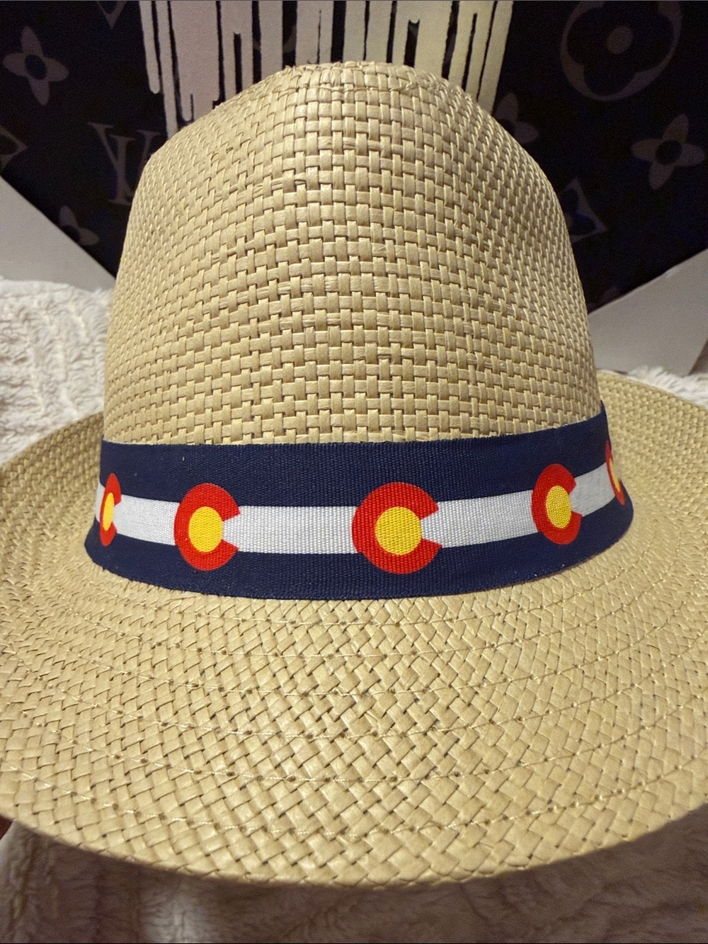 Panama Jack Beige Straw Fedora w/ Navy & White - Picture 3 of 7